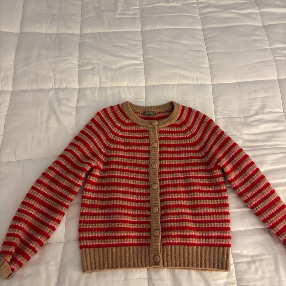Lilla P Red and Tan Striped Button-Up Cardigan